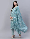 Women's Printed Cotton Straight Kurta Pant Dupatta Set-AquaChecksKPDSet-XS