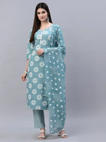 Women's Printed Cotton Straight Kurta Pant Dupatta Set-AquaChecksKPDSet-XS