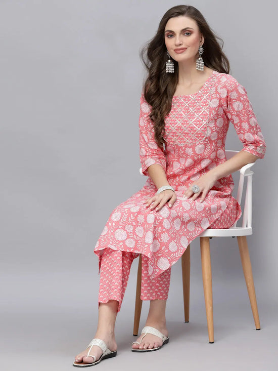 Women's Floral Printed & Embellished Rayon Straight Kurta Pant Set