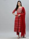 Women's Printed Rayon Embroidered Anarkali Kurta Pant Dupatta Set-KPDREDCHAMKI-S