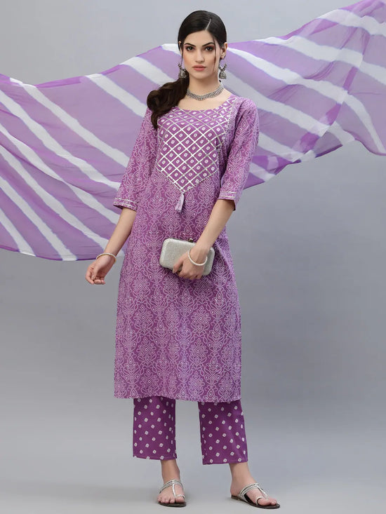 Women's Bandhej Printed Rayon Kurta Pant Dupatta Set-KPDPURPLELEMON-S