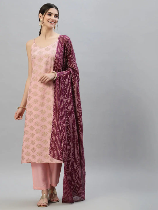 Women's Gold Print Rayon Straight Kurta Pant Dupatta Set-KPDPINKLOTUS-S