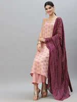 Women's Gold Print Rayon Straight Kurta Pant Dupatta Set-KPDPINKLOTUS-S