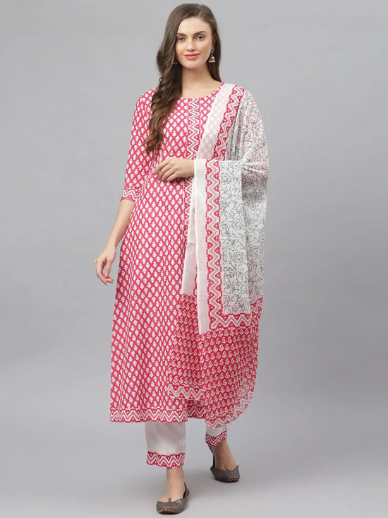 Women's Printed Cotton Flared Kurta Dupatta Set-KPDGUMPPINK-S