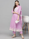 Women's Printed & Embroidered Cotton Anarkali Kurta Pant Dupatta Set-KPDLAVENDERSTAR-S