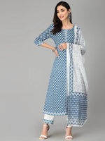 Women's Printed Cotton Flared Kurta Pant Dupatta Set