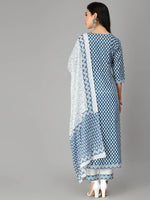 Women's Printed Cotton Flared Kurta Pant Dupatta Set