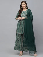 Women's Bandhej Printed & Embroidered Kurta Sharara Dupatta Set-KSDGREENBERRY-S