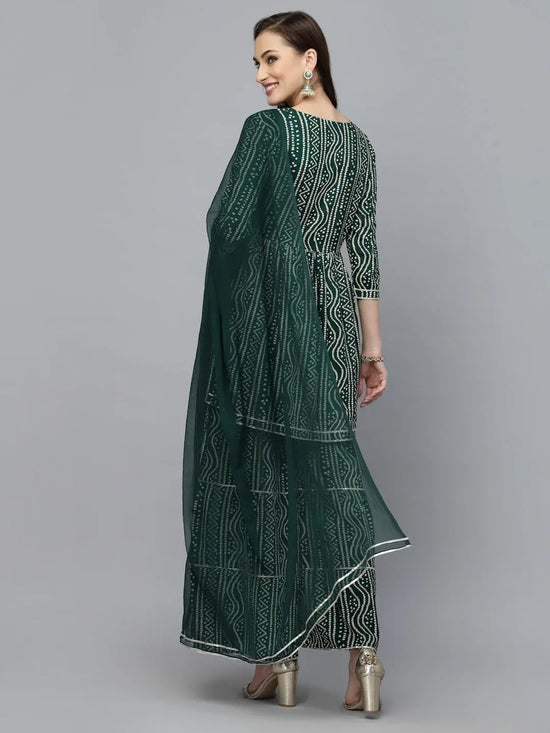 Women's Bandhej Printed & Embroidered Kurta Sharara Dupatta Set-KSDGREENBERRY-S