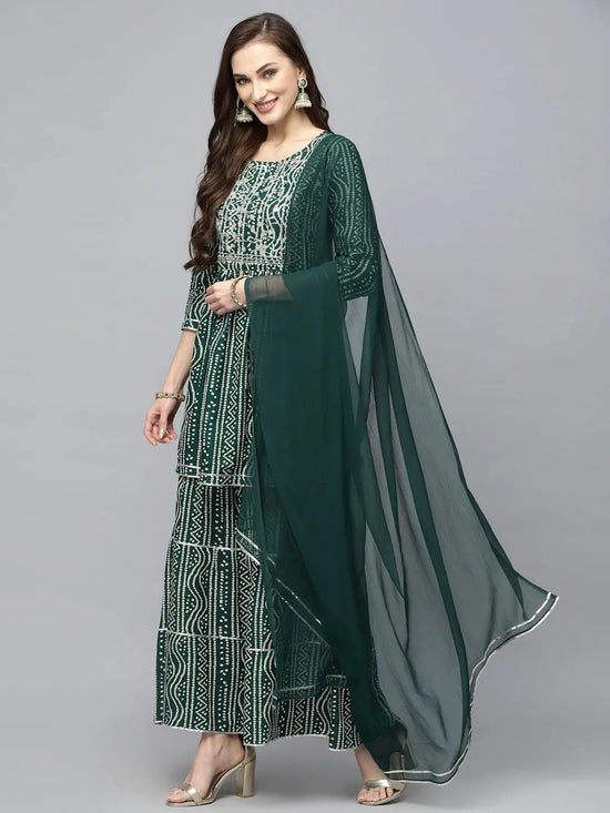 Women's Bandhej Printed & Embroidered Kurta Sharara Dupatta Set-KSDGREENBERRY-S