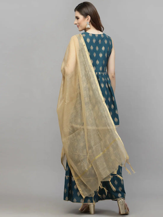 Women's Gold Printed Cotton Kurta Sharara Dupatta Set