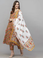 Women's Floral Printed Cotton Kurta Pant Dupatta Set