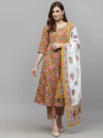 Women's Floral Printed Cotton Kurta Pant Dupatta Set