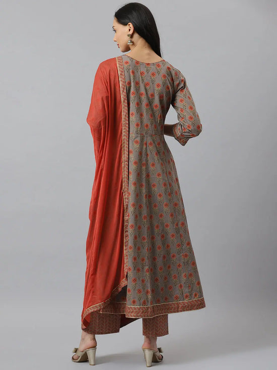 Floral Printed Cotton Flared Kurta Pant Dupatta Set