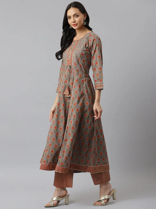 Floral Printed Cotton Flared Kurta Pant Dupatta Set