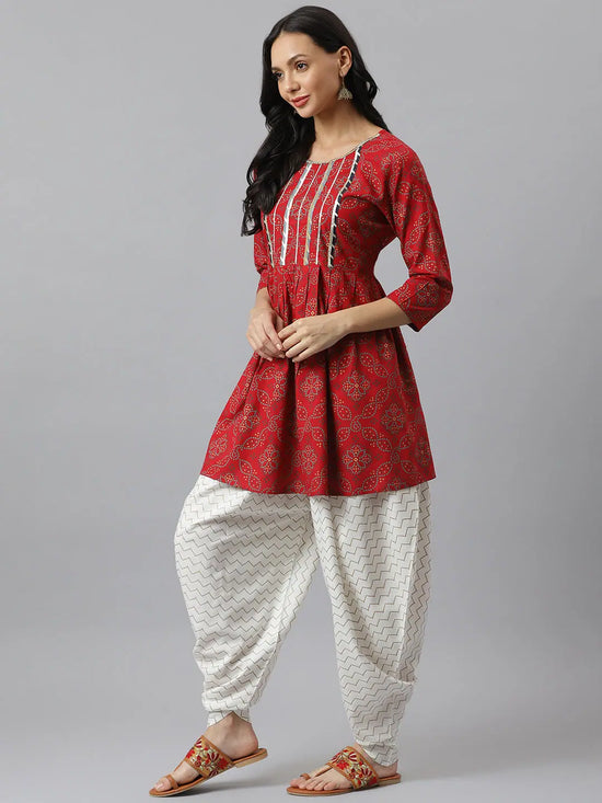 Bandhani Print Rayon A-Line Kurta Dhoti Pant Set