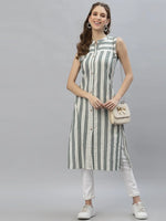 Women's Self Woven Striped Cotton Blend Straight Kurta-GERRY-XS