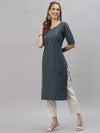 Women's Self Woven Striped Cotton Blend Straight Kurta-DAISYTEAL-S