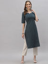 Women's Self Woven Striped Cotton Blend Straight Kurta-DAISYTEAL-S