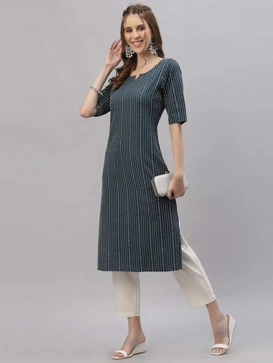 Women's Self Woven Striped Cotton Blend Straight Kurta-DAISYTEAL-S