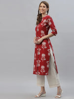 Women's Floral Printed Rayon Straight Kurta-DOLLYMAROON-S