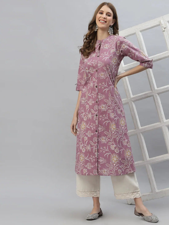 Women's Floral Print Rayon A-Line Kurta-FIONAMAUVE-S