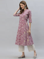 Women's Floral Print Rayon A-Line Kurta-FIONAMAUVE-S