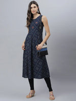 Women's Bandhni Print Rayon Flared Kurta-Vivoblue-XS