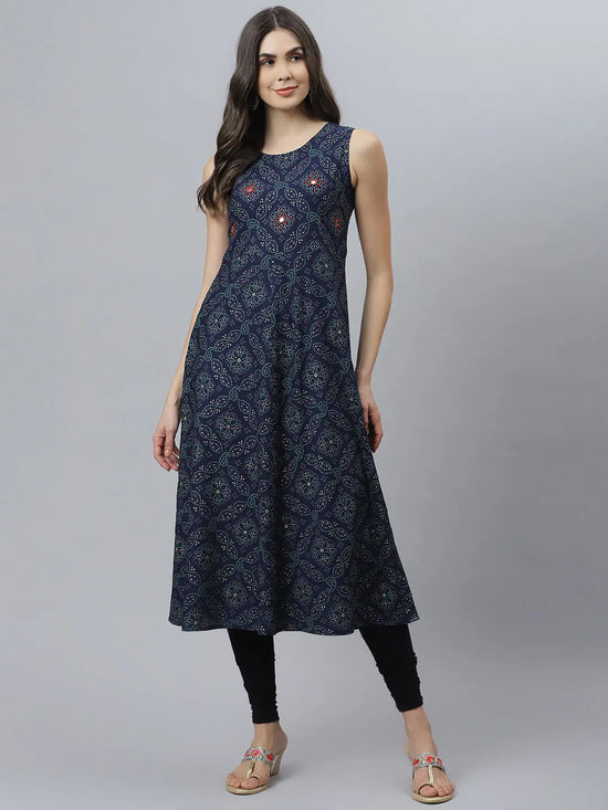 Women's Bandhni Print Rayon Flared Kurta-Vivoblue-XS