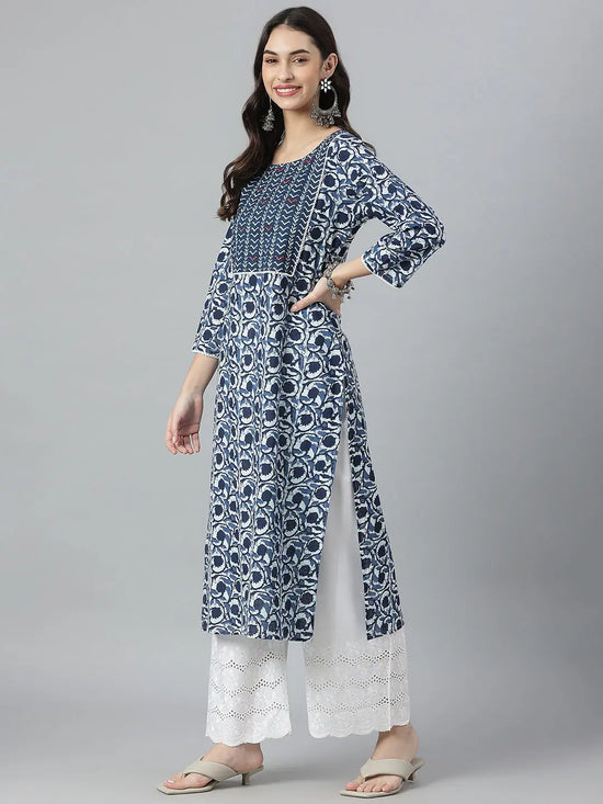 Women's Indigo Printed Cotton Slub Straight Kurta