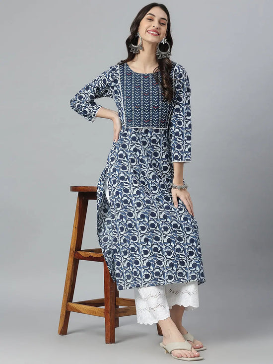 Women's Indigo Printed Cotton Slub Straight Kurta