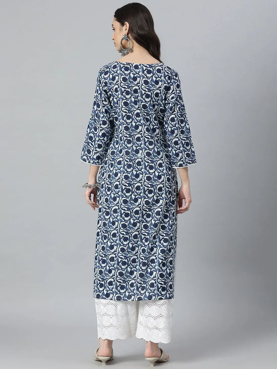 Women's Indigo Printed Cotton Slub Straight Kurta