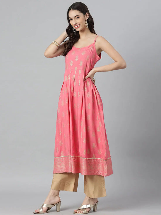 Women's Gold Printed Rayon Pleated Kurta