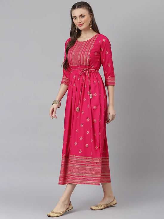 Women's Gold Printed Rayon Flared Kurta-TONYPINK-S