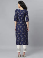 Women's Gold Printed Rayon Straight Kurta-Tinnynavy-S