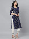 Women's Gold Printed Rayon Straight Kurta-Tinnynavy-S