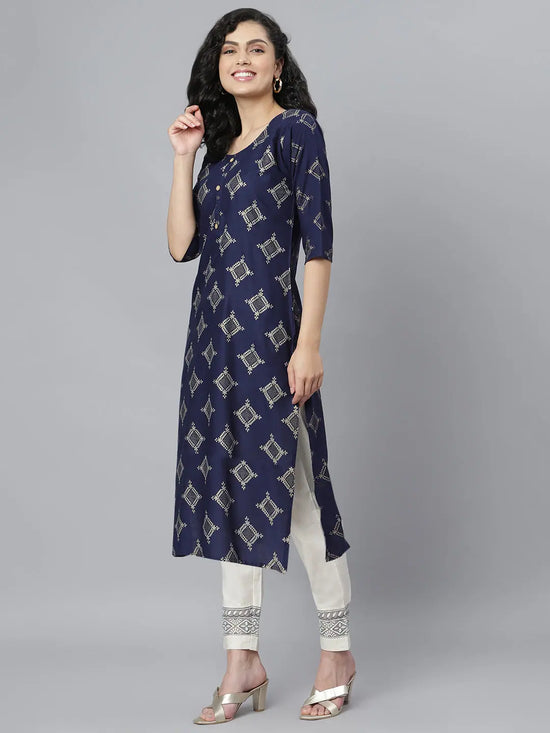 Women's Gold Printed Rayon Straight Kurta-Tinnynavy-S