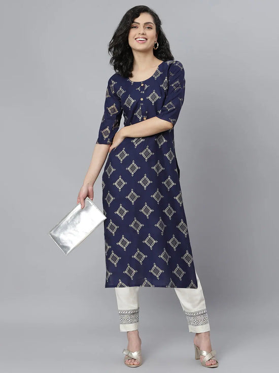 Women's Gold Printed Rayon Straight Kurta-Tinnynavy-S