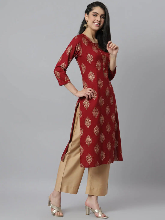 Women's Gold Printed Rayon Straight Kurta-Kilolmaroon-S