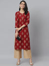 Women's Gold Printed Rayon Straight Kurta-Kilolmaroon-S