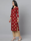 Women's Gold Printed Rayon Straight Kurta-Kilolmaroon-S