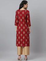 Women's Gold Printed Rayon Straight Kurta-Kilolmaroon-S