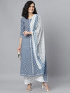 Women's Peinted Cotton Kurta Dupatta Set-Summerbluekdset-S