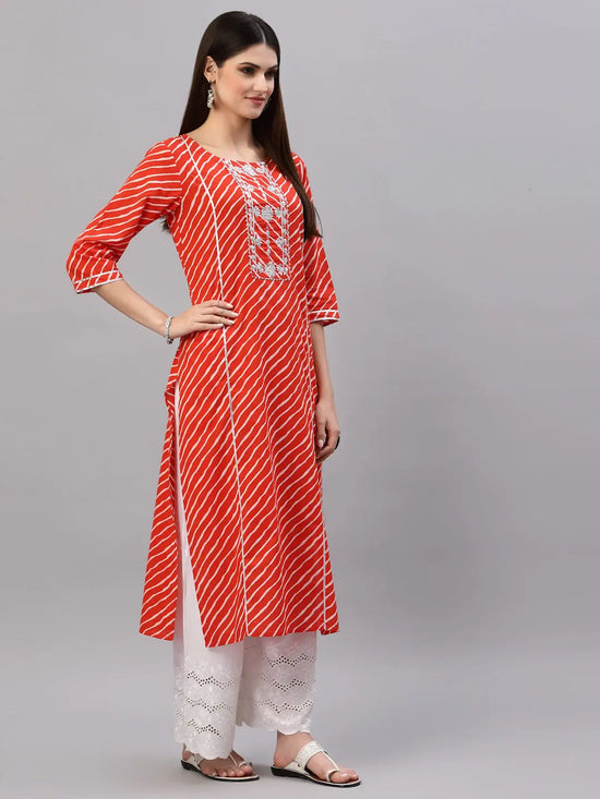 Women's Lehariya Printed Cotton Straight Kurta-TULUORANGE-S