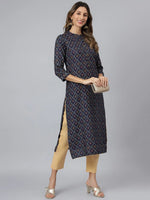 Women's Printed Rayon Straight Kurta-BLUEVANDY-S