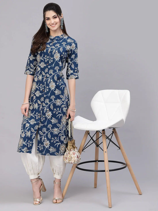 Women's Floral Print Rayon A-Line Kurta-FIONATEAL-S