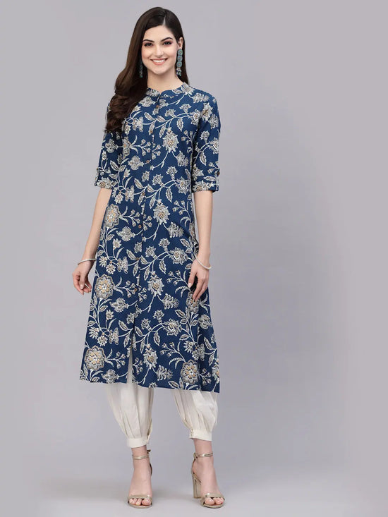 Women's Floral Print Rayon A-Line Kurta-FIONATEAL-S