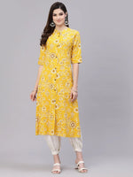 Women's Floral Print Rayon A-Line Kurta-FIONAMUSTARD-S