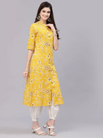 Women's Floral Print Rayon A-Line Kurta-FIONAMUSTARD-S