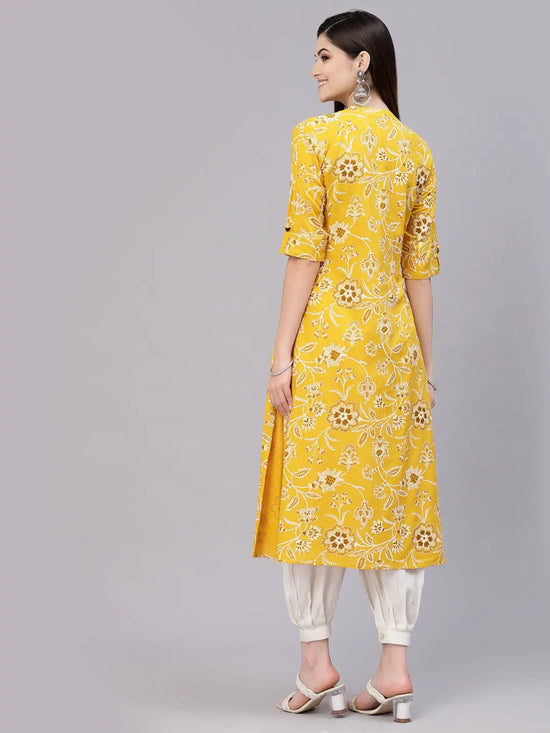 Women's Floral Print Rayon A-Line Kurta-FIONAMUSTARD-S